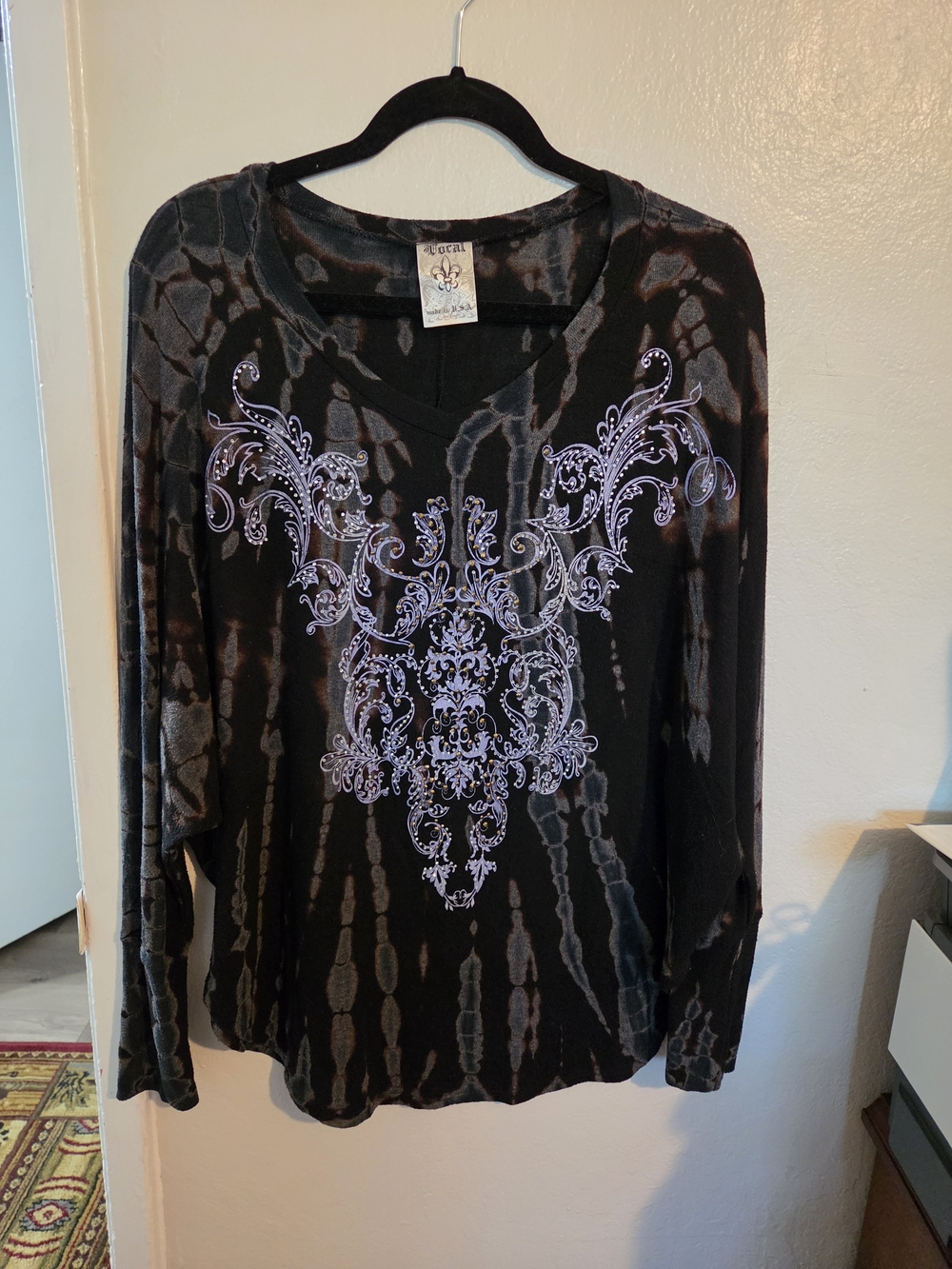 Vocal Black Tie-Dye Long Sleeve Top with Purple Scroll Design